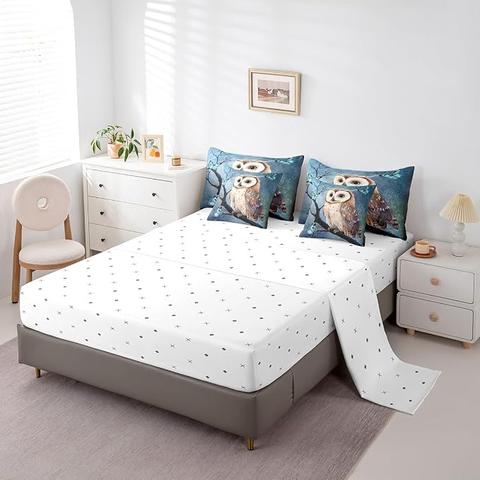 Erosebridal 7 Pcs Owl Comforter Set King Size, Cartoon Owl Bed in a Bag with Flat Sheet and Fitted Sheet for Kids and Adults, Watercolor Animal Style Bedding Set with Pillowcases & Shams - Image 4