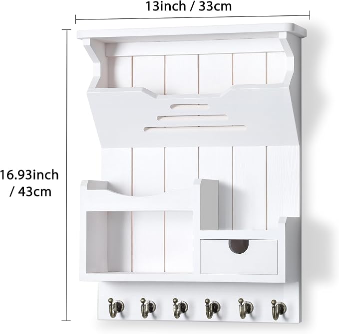 DOPACE Handcrafted Pine Wood Mail Organizer & Key Holder, White | Hand-polished natural pine wood with storage drawer & 6 hooks, Fine spray paint finish, Easy wall mount - Image 3