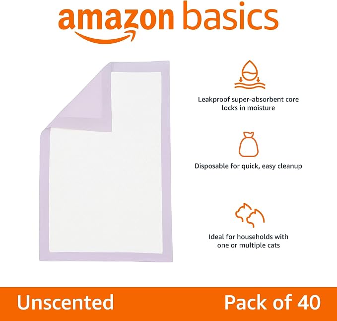 Amazon Basics Cat Pee Pads, Super Absorbent, Odor Control, Universal Fit for Litter Box, Disposable, Multi Cat, Unscented, Purple, 40 Count - Image 2