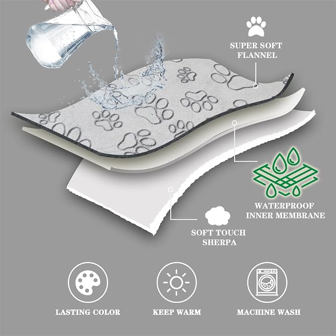 Qeils Dog Blankets for Small Dogs - Waterproof Pet Blanket Washable - Sherpa Fleece Puppy Blanket, Soft Plush Reversible Dog Blanket for Bed Couch Car Sofa, 40"X50", Grey Paw Print - Image 3