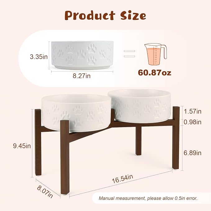 SPUNKYJUNKY Ceramic Elevated Dog Bowl Set with Acacia Wood Stand for Food and Water for Large Dogs (60.87 OZ, White, Dog Paw Pattern) - Image 2