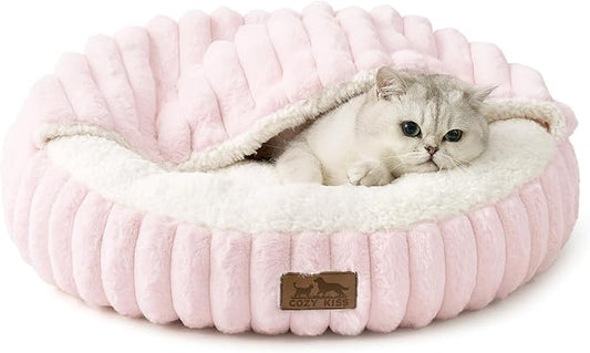 Cat Bed with Hooded Blanket, Round Fluffy Anti-Anxiety Pet Bed for Cats/Toy Breed Dogs, Cozy Donut Cuddler with Machine Washable Faux Fur & Anti-Slip Bottom(20"×20"×6",Pink) by COZYKISS