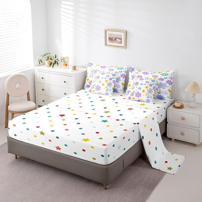 Feelyou Cute Flower 7 Piece Bedding Set Full Size Kids Cartoon Cute Floral Bed in a Bag for Girls Teens Purple Yellow Comforter Set with Sheets Kawaii Bed Set - Image 2