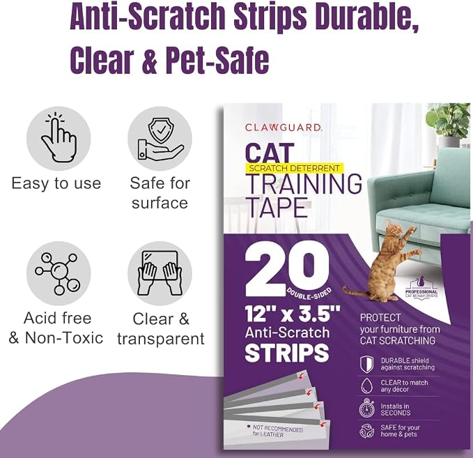 CLAWGUARD Cat Training Tape Strips – 20 Pre-Cut Double-Sided Anti Scratch Shields (12x3.5 in) – Cat Scratch Furniture Protector for Sofa & Surfaces - Image 5