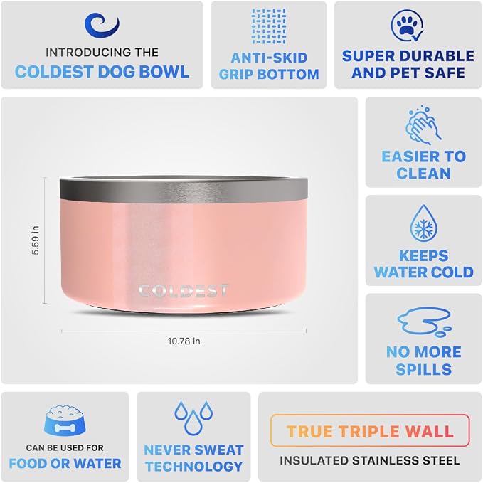 Coldest Dog Bowl - Anti Rust Metal, Non Slip, 3 Layers Insulated Stainless Steel Dog Bowls - Spill Proof & Heavy Duty - Water Bowl for Dogs, Cats, Dish Washer Safe (200 oz, Forever Pink Glitter) - Image 5