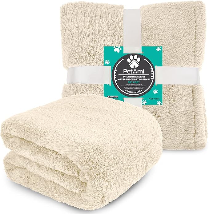 PetAmi Fluffy Waterproof Dog Blanket for Couch and Bed, Reversible Sherpa Pet Throw, Pee Proof Furniture Protector Sofa Cover, Washable Cat Blanket for Medium Large Dogs and Cats (Beige Cream, 90x90) - Image 7