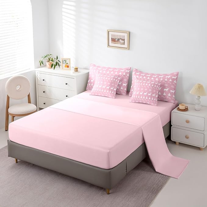 Erosebridal Christmas Queen Bedding Set 7 Piece,Xmas Elk Deer Bed in A Bag,Candy Snowflake Comforter Set Pine Tree Woodland Animals Sheet Set with Comforter,Pink Christmas Decoration - Image 5