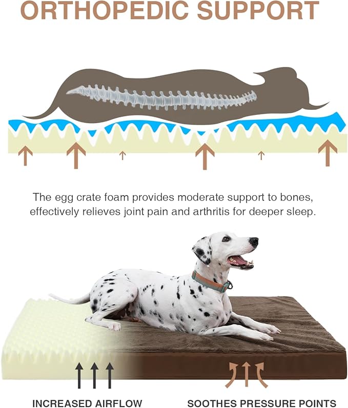 KSIIA Orthopedic Dog Bed for Large Dogs with Waterproof Lining, Brown,35x22 | Deluxe Soft Plush Dog Crate Bed, Washable Pet Mat with Removable Cover & Egg Crate Foam for Large Dogs Sleeping & Relaxing - Image 2