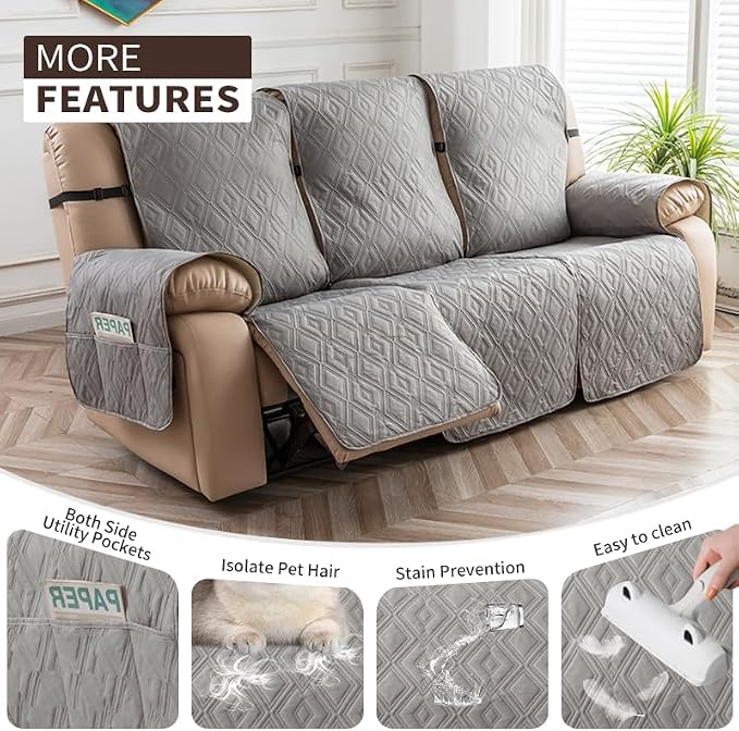 Genina Waterproof Couch Cover for Reclining Couch 3 Seater Non-Slip, Washable Recliner Sofa Covers for 3 Cushion Couch, Furniture Covers Couch Protector for Dogs Pets Kids (Light Gray, Recliner Sofa) - Image 3