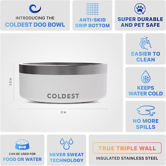 Coldest Dog Bowl - Anti Rust Metal, Non Slip, 3 Layers Insulated Stainless Steel Dog Bowls - Spill Proof & Heavy Duty - Water Bowl for Dogs, Cats & Pets, Dish Washer Safe (64 oz, Epic White) - Image 5