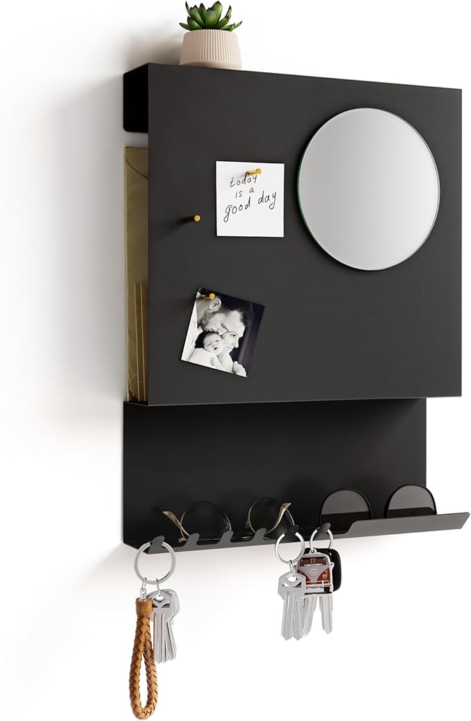 Key Holder Wall Mount and Mail Organizer - Hide Your Mail with a Modern and Minimal Look (Black) by PeachyModern