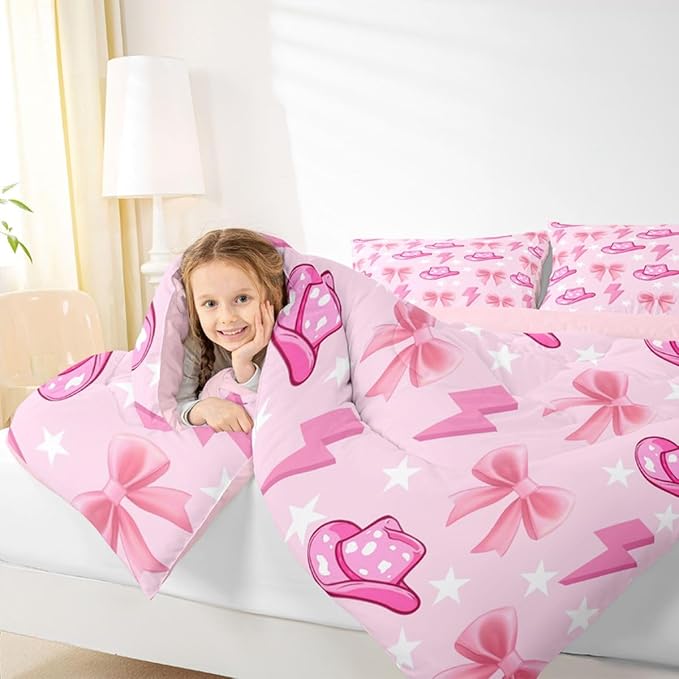 Manfei Cowgirl Pink Comforter Queen,Western Pink Hat Bowknot Girly Quilt Comforter with 2 Pillowcases for All Season Bedroom,Farm Life Star Lightweight Bedding Set Comfortable,Soft and Breathable - Image 4