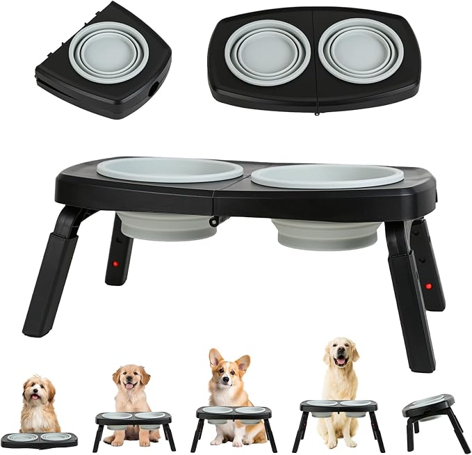 Elevated Dog Bowls Stand, 3 Height Adjustable Raised Dog Bowl with Collapsible Silicone Bowls, Non-Slip Stand for Small, Medium, Large Dogs & Pets by SUPERDESIGN