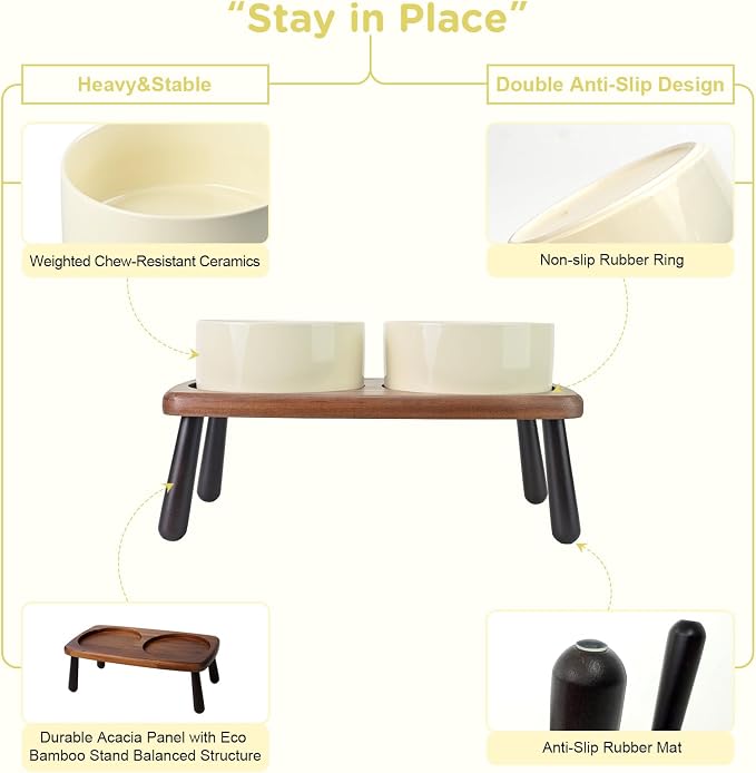 SPUNKYJUNKY Ceramic Elevated Dog Bowls Raised with Acacia Bamboo Wooden Stand, 6.1'' Dog and Cat Food Water Bowls Set Non-Slip for Small Medium Sized Breed Microwave Dishwasher Safe - 28.7 OZ,Beige - Image 4