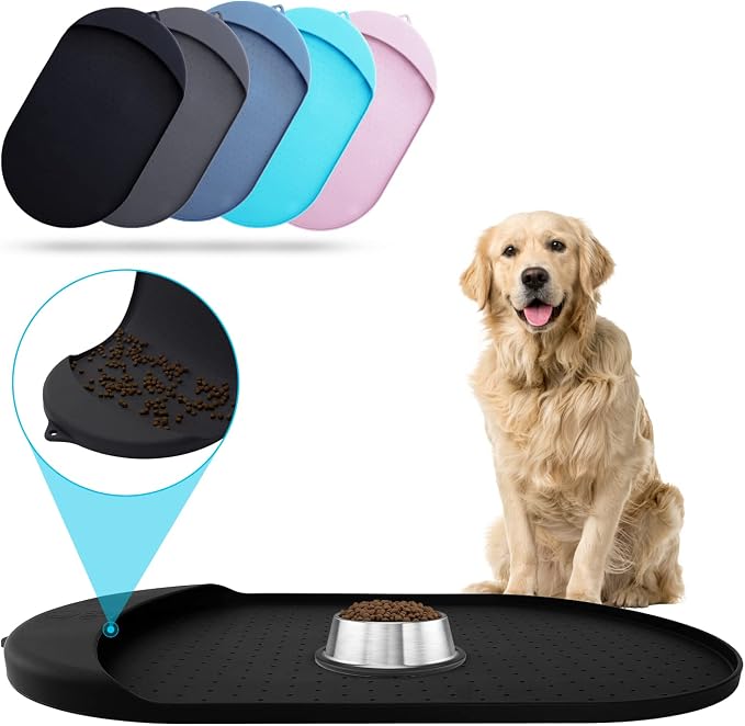 Dog Food Mat - 32” x 19” Pet Feeding Mat with Residue Collection Pocket - Large Silicone Dog Mat for Food and Water - Waterproof Dog and Cat Bowl Mat, High Edges to Prevent Spills, Black by ORA+SHOP