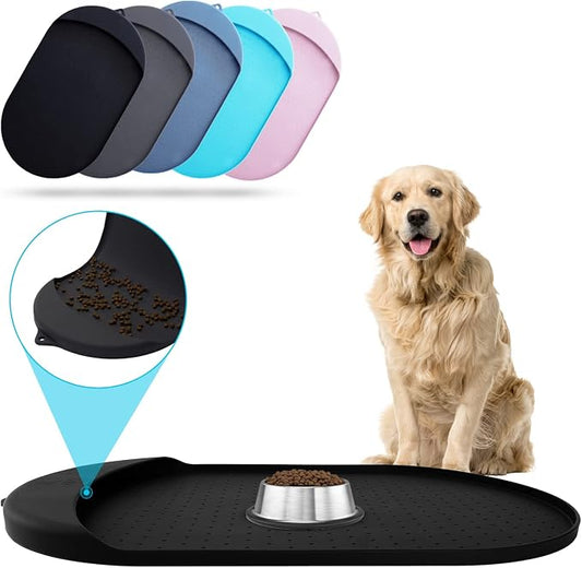 Dog Food Mat - 32” x 19” Pet Feeding Mat with Residue Collection Pocket - Large Silicone Dog Mat for Food and Water - Waterproof Dog and Cat Bowl Mat, High Edges to Prevent Spills, Black by ORA+SHOP