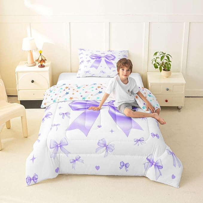 Manfei Purple Bowknot Twin Size Comforter Set,Cute Preppy Ribbon Bow Duvet Set Soft Bed Collection,Preppy Trendy Kawaii Coquette Bedding Comforter for Boys Girls Bedroom,2 Pcs - Image 6