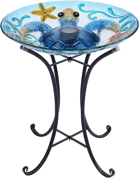 MUMTOP Glass Bird Bath, Large Bird Baths for Outdoors, Solar Birdfeeder with Metal Stand for Garden, Yard, Lawn Decor sea Turtle Pattern(Blue, 21.5"X18")