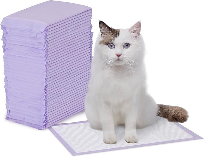 Amazon Basics Cat Litter Pee Pads, Odor Control with Fresh Scent, Super Absorbent, Disposable, Universal Fit Litter Box, Purple and White, 40 Count by AmazonBasics