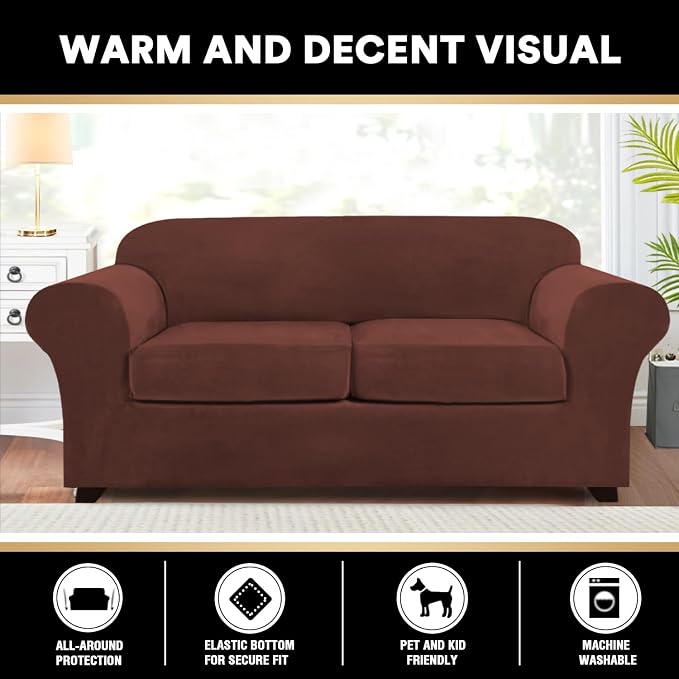 PrinceDeco Couch Cover Velvet Plush Sofa Covers for 2 Cushion Couch Width Up to 90 Inch Washable Furniture Protector Pet Friendly No Slip Sofa Slipcover(Medium-Large, Burnt Brick) - Image 6