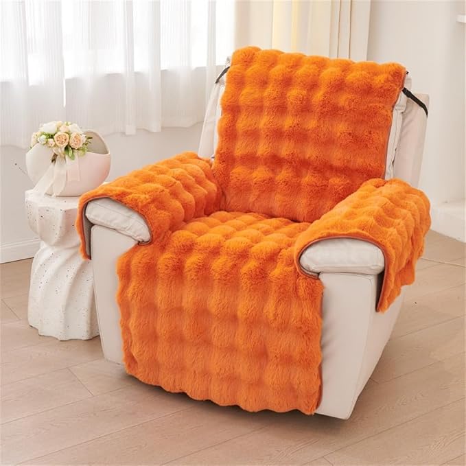 Plush Recliner Slipcover Home Faux Fur Fluffy Recliner Chair Slipcover Non Slip Back Fuzzy Fluffy Reclining Couch Cover Soft Comfort Sofa Slipcover Washable Furniture Protector (Orange) by Triflice