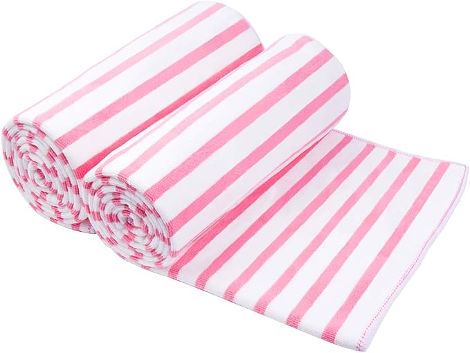 JML Microfiber Bath Towels Set, 2 Pack, 30" x 60", Stripe Pink | Hanging Loop, Soft, Absorbent, Quick Dry, Lint-free, No Fading BeachTowel for Summer Swimming Pool Party by JML