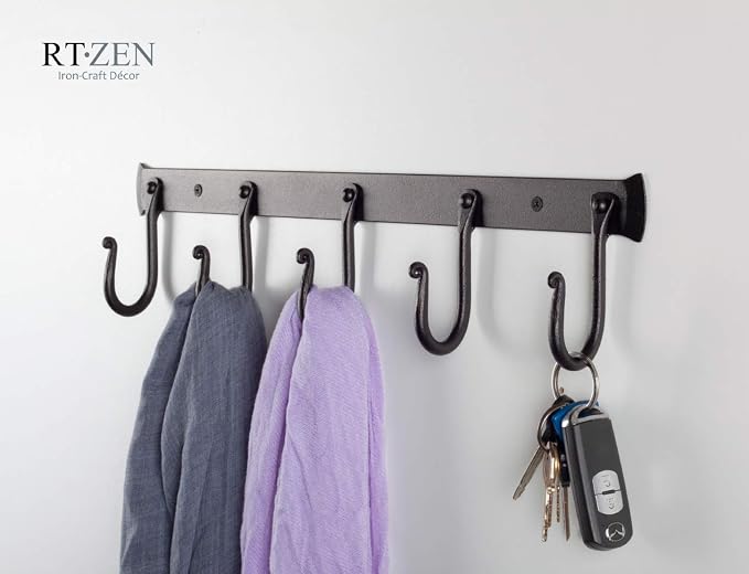 RTZEN Classic Farmhouse Wall Mount Multi-Use Wrought Iron Hook Set (5 Pack) | Decorative Rustic Metal Handcrafted Bathroom, Entreyway Home Decor Hooks Suitable for Coats, Towels, Robe or Hat Hanging - Image 5