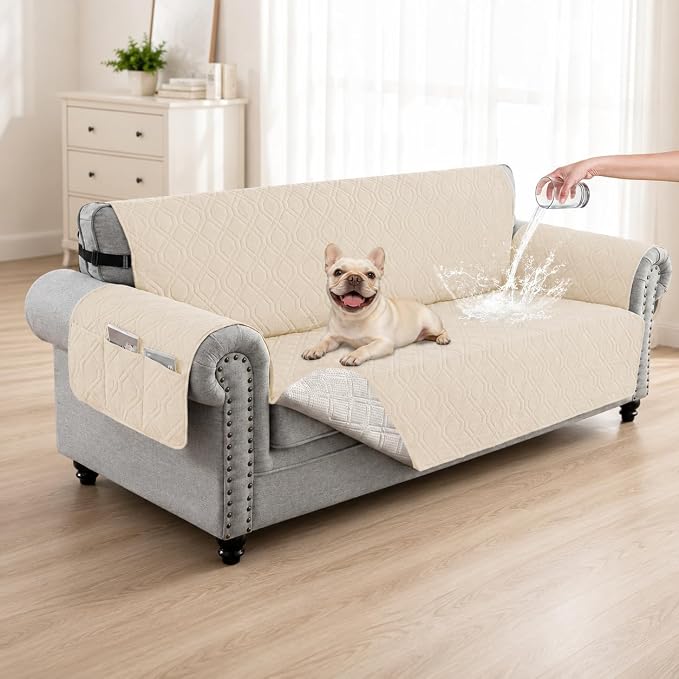 100% Waterproof Couch Cover, Straps&Pockets,pet Friendly,68" Beige | Washable sofa cover, pet-friendly, scratch-resistant furniture protector, quilted sofa cover, reversible, non-slip backing. by Unknown