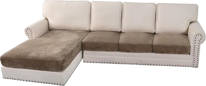H.VERSAILTEX Velvet Stretch Sectional Couch Covers 4 Pieces Sofa Seat Cushion Covers L Shape Separate Couch Cover for Both Left/Right Sectional Couch (Large Sofa 3 Seater + 1 Chaise, Mocha) by HVERSAILTEX