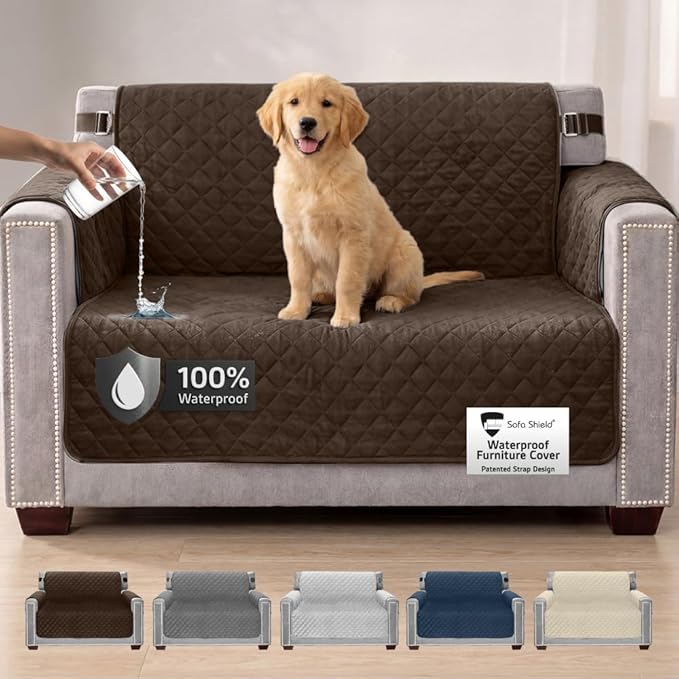 Sofa Shield 100% Waterproof Couch Cover with Patented Straps, Slip & Stain Resistant Furniture Protector, Machine Washable Sofa Slipcover for Dogs Cats Pets Kids, 54 inch Seat, Loveseat, Brown by SofaShield