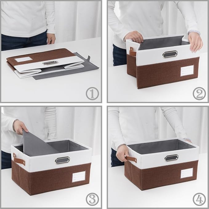 PRANDOM Foldable Storage Bins with Handles [3-Pack] Fabric Collapsible Storage Boxes Baskets Cubes Containers with Handles for Closet Living Room Bedroom (Brown & White 14.9x9.8x8.3'') - Image 5