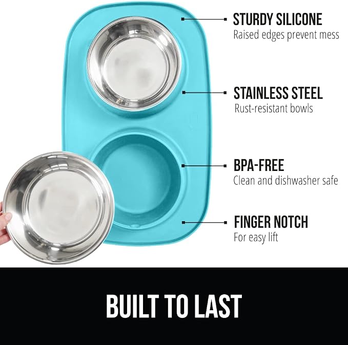 GORILLA GRIP Dog Bowl Set with Slip Resistant Silicone Feeding Mat, Food Grade 304 Stainless Steel Bowls, BPA Free, High Edge Spill Containment, Dishwasher Safe, Finger Notch Removal, 2 Cup, Turquoise - Image 2