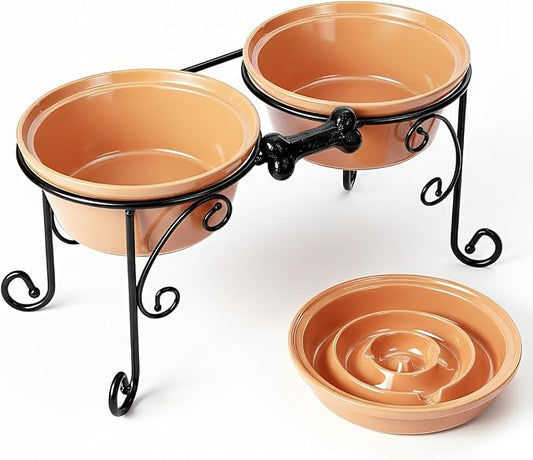 Elevated Dog Bowl Stand with 3 Large Ceramic Bowls – Raised Feeding Station for Medium & Large Dogs, Includes 2 Standard Bowls + 1 Slow Feeder, Durable Iron Frame, Non-Slip (Almond) by BestVida