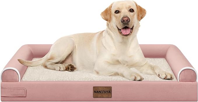 NANUYA Orthopedic Dog Bed for Large Dogs, 38 x 25 Inch, Pink | Egg crate foam for joint support, 3-sided bolster pet sofa, waterproof lining, washable cover, and non-skid base by Nanuya