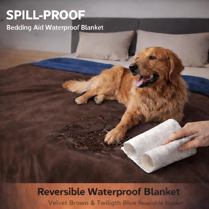 King Size Waterproof Blanket – Spill-Proof, Water-Resistant Flannel Blanket for Bed, Couch, Kids & Pets Protection, Reversible Cozy Design (Velvet Brown & Twilight Blue, 90x108) - Image 3