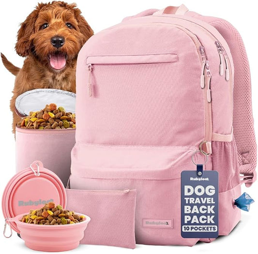 Dog Travel Bag for Supplies - Complete Dog Diaper Bag Backpack with 2 BPA-Free Travel Bowls, Treat Pouch, Food Container, Placemat & Laptop Sleeve – for Traveling, Road Trips, Hiking: Dusty Pink | 2 BPA-Free Bowls; Food Container & Treat Pouch; Placema... by Rubyloo