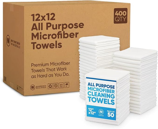 Microfiber Wholesale Bulk 12” X 12” All Purpose Towels Case Quantity (400 Count) | No Fraying | High Density Microfiber | Zero Chemical Cleaner | Long-Lasting (White) by MicrofiberWholesale