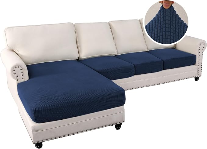 H.VERSAILTEX Sectional Couch Covers 4 Pieces Sofa Seat Cushion Covers L Shape Separate Cushion Couch Chaise Cover for Both Left/Right Sectional Couch (Seat Only: 1 Chaise + 3 Sofa, Navy) - Image 2