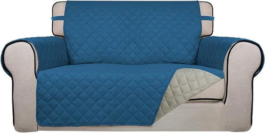 PureFit Reversible Quilted Sofa Cover, Water Resistant Medium Slipcover Furniture Protector, Washable Couch Cover with Non Slip Foam and Elastic Straps for Kids, Pets (Loveseat, Peacock Blue/Beige) | Peacock Blue/Beige, Water Resistant Couch Protector,... by PureFit