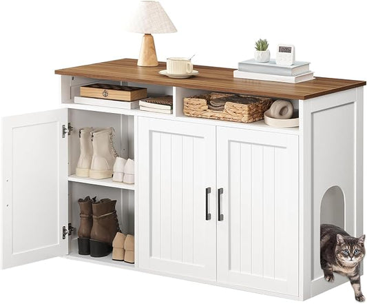 MAHANCRIS Cat Litter Box Enclosure for Self Cleaning Litter Boxes, Large Hidden Litter Box Furniture with Shelves, Wooden Cat Washroom Storage Cabinet, Automatic Litter Box Enclosure, White CWBZ3001 by MAHANCRIS