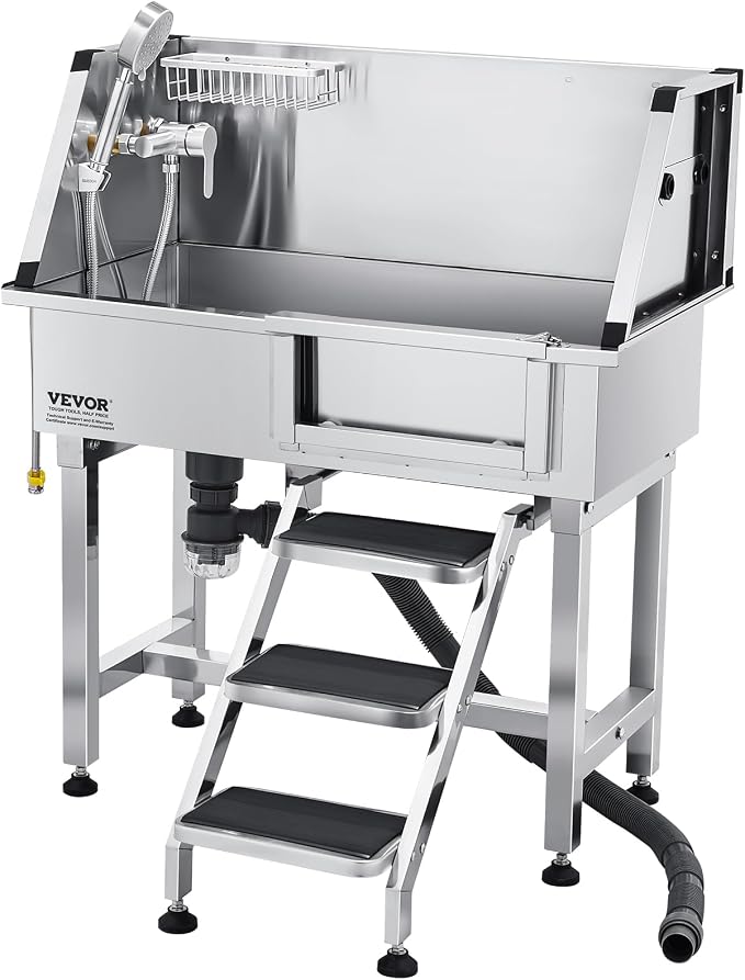 VEVOR Professional Dog Washing Station, 34 Inch Stainless Steel Pet Grooming Tub with Hot Cold Faucet, Adjustable Showerhead, Non-Slip Stairs & Side Sink, for Small to Medium Dogs and Cats (Left Door) - Image 11