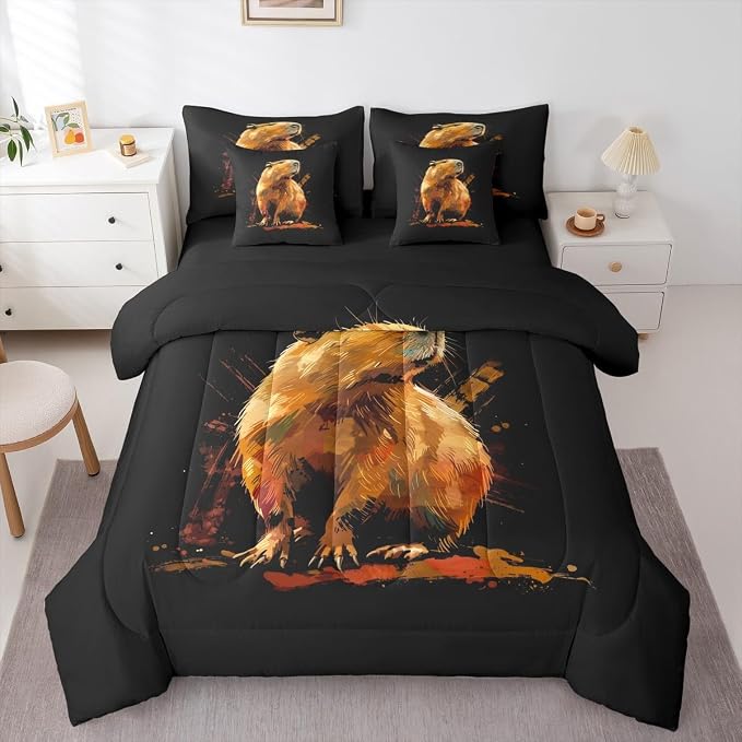 Erosebridal Cute Capybara 7-Piece Bedding Set King Size for Capybara Lovers, Wild Animal Bed in A Bag, Wildlife Comforter Set with Sheets, Oil Painting Style Bedding Comforter Sets - Image 3