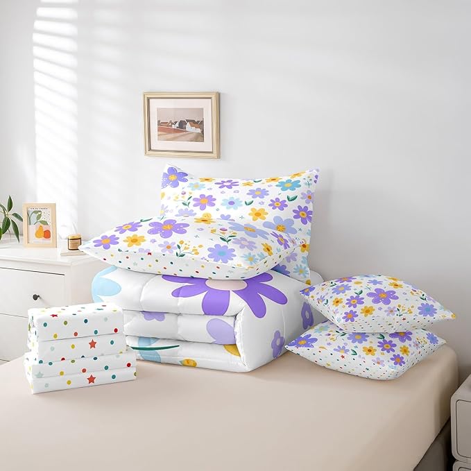 Feelyou Cute Flower 7 Piece Bedding Set King Size Kids Cartoon Cute Floral Bed in a Bag for Girls Teens Purple Yellow Comforter Set with Sheets Kawaii Bed Set - Image 3