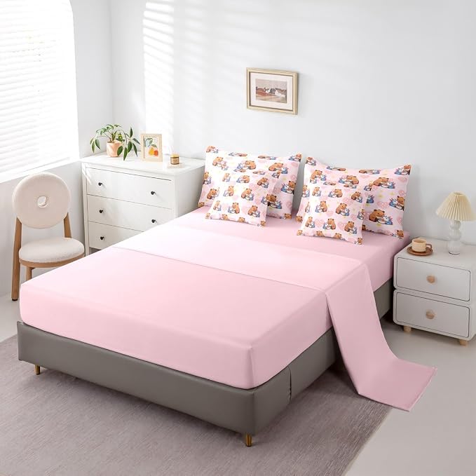 Erosebridal Girls Cute Capybara 7 Pieces Bedding Set, Axolotl Bed in a Bag Full, Capybara Feeding Noodles to Salamanders Pink Comforter Set with Sheets, Star Polka Dot Love Heart Bed Sets - Image 4