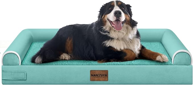 NANUYA Orthopedic Dog Bed for Jumbo Dogs, 53 x 42 Inch, Aqua Blue | Egg crate foam for joint support, 3-sided bolster pet sofa, waterproof lining, washable cover, and non-skid base by Nanuya