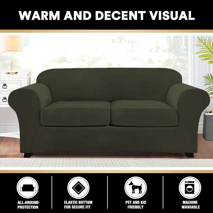 PrinceDeco Couch Cover Velvet Plush Sofa Covers for 2 Cushion Couch Width Up to 90 Inch Washable Furniture Protector Pet Friendly No Slip Sofa Slipcover(Medium-Large, Olive) - Image 6