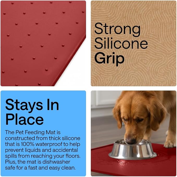GORILLA GRIP 100% Waterproof Raised Edge BPA Free Silicone Pet Feeding Mat, Dog Cat Food Mats Contain Spills Protects Floors, Placemats for Cats and Dogs Water Bowl, Pets Accessories 18.5x11.5 Red - Image 3