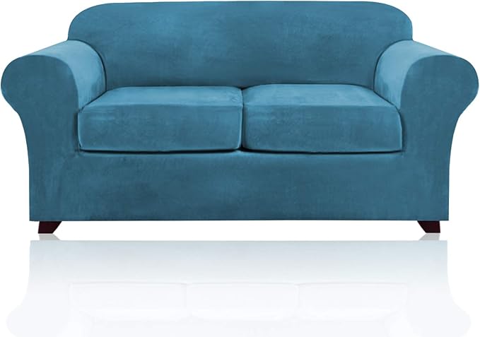 PrinceDeco Velvet Couch Cover Loveseat Covers for 2 Cushion Couch 3 Piece Sofa Covers for Dogs Washable Loveseat Covers Width Up to 72 Inch No Slip Stretch Sofa Slipcover(Medium, Blue) by PrinceDeco