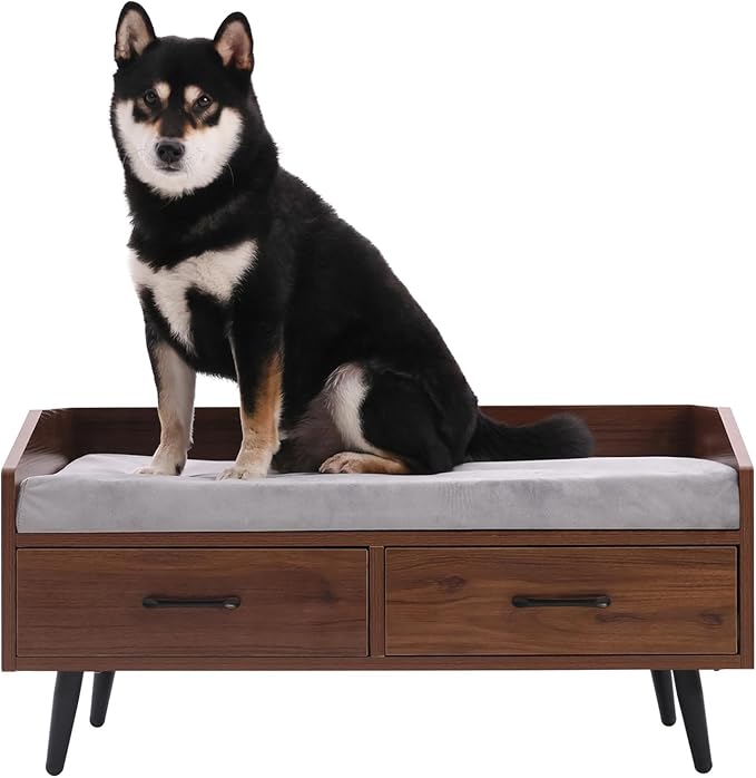 Elevated Dog Bed for Small to Medium Dogs – 32” x 21” Indoor Wooden Pet Sofa with Soft Cushion, Mid-Century Modern Style, Sturdy & Stylish (Walnut)