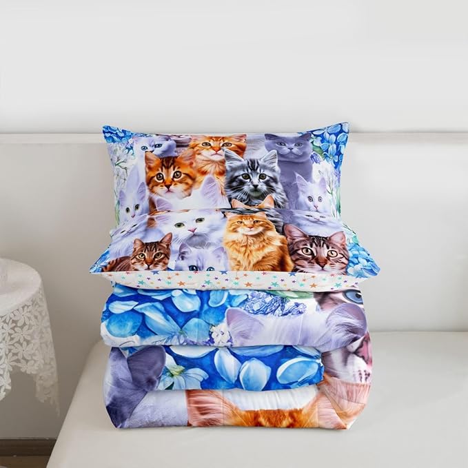 Feelyou Cat Full Size Comforter Set for Kid Boys Girls,Cartoon Kawaii Animals Toddler Bedding Set for Children Comforter Set Cat Lovers Animal Design Soft Quilt 3Pcs(1pc Comforter,2pc Pillowcase) - Image 4